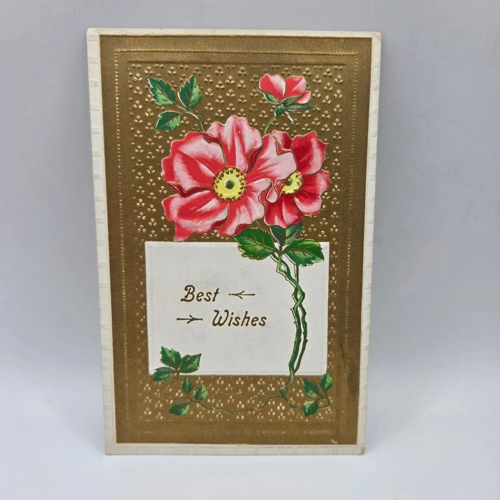 Antique Best Wishes Postcard Pink Floral Gold Embossed Made in Germany‎